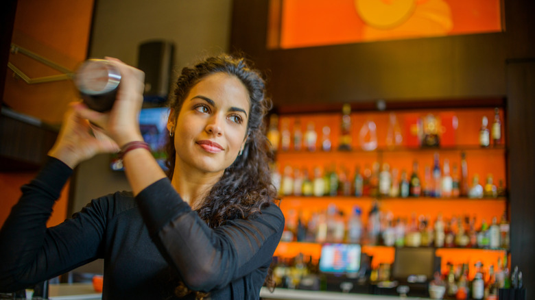 Bartender shaking a cocktail in a metal tin