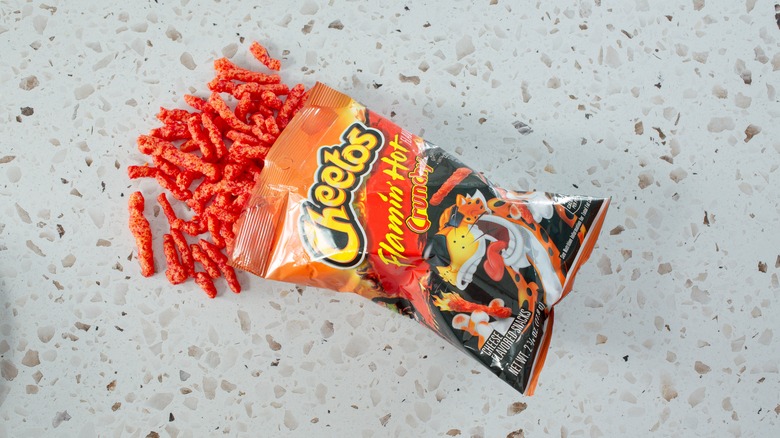 A bag of Flamin' Hot Cheetos on a countertop