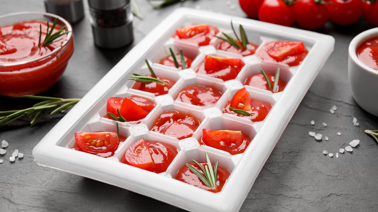 An ice cube tray filled with frozen tomatoes and rosemary