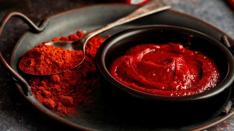A bowl of gochujang on a plate with chile powder