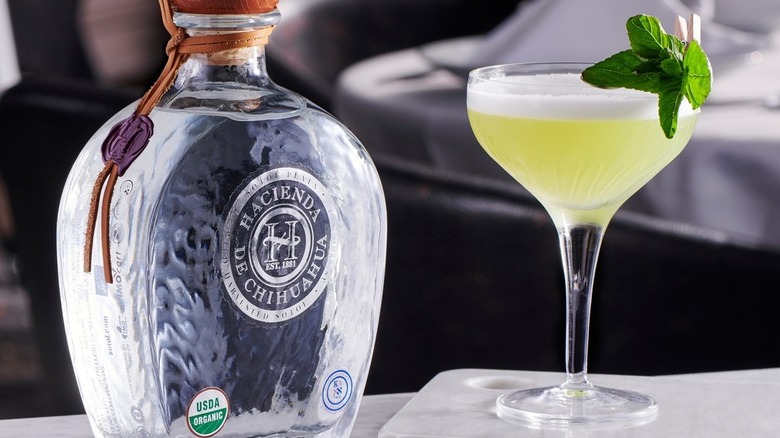 A sotol margarita next to a bottle of Hacienda de Chihuahua sotol