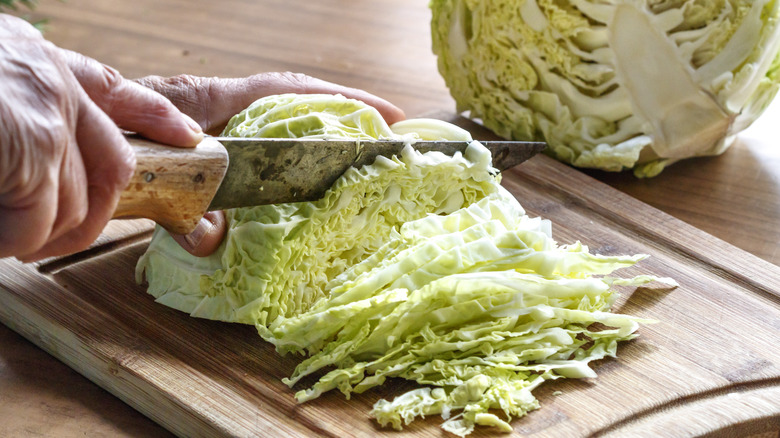 hand chopping green cabbage