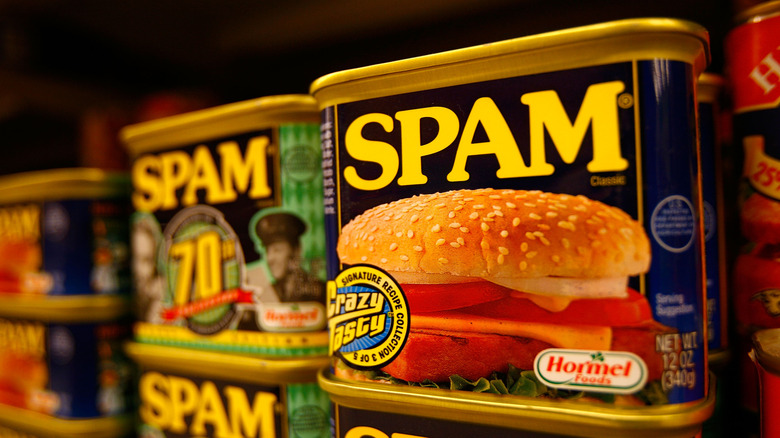 A can of Spam on the grocery store shelf