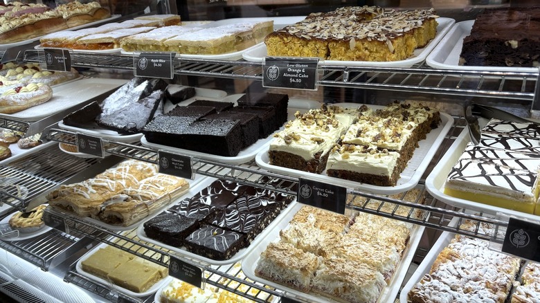 bakery case displaying various brownies and bars