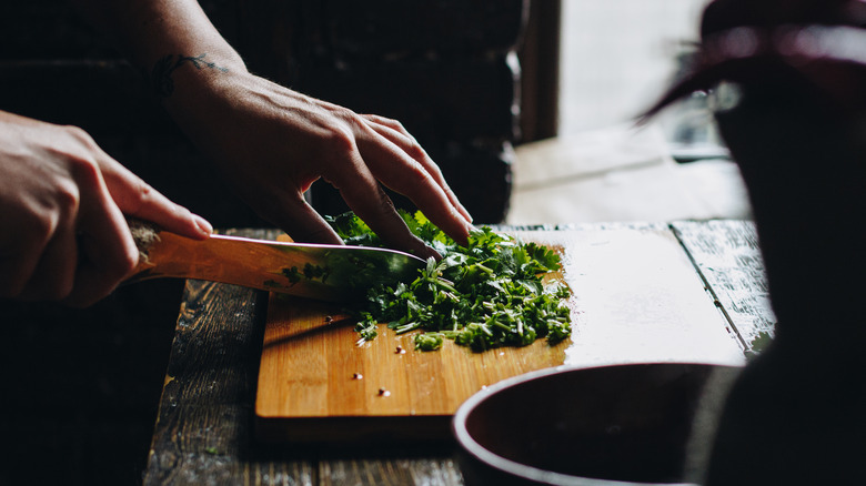 chopping herbs