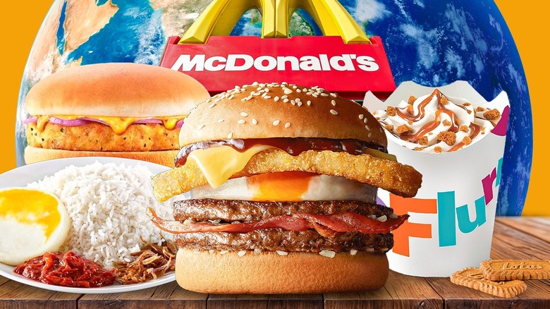 A variety of international McDonald's menu items including burgers, a rice dish, and a McFlurry