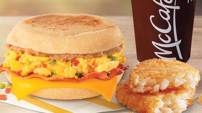 A McMuffin a la Mexicana with a hash brown and cup of coffee from McDonald's in Mexico