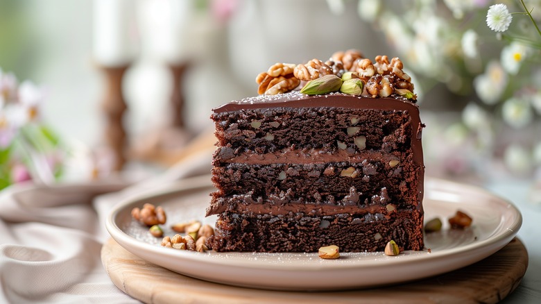 A slice of layered chocolate cake with nuts