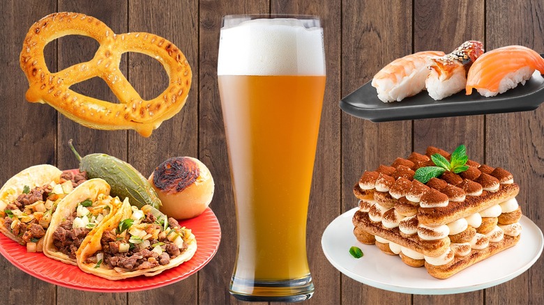 A lager surrounded by a pretzel, tacos, sushi, and tiramisu