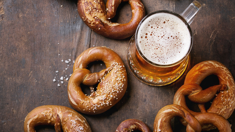 Soft German pretzels and a mug of beer