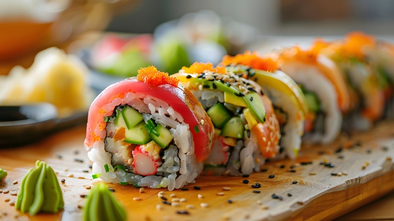 Maki sushi rolls on a wooden serving board