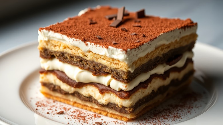 A slice of tiramisu on a plate