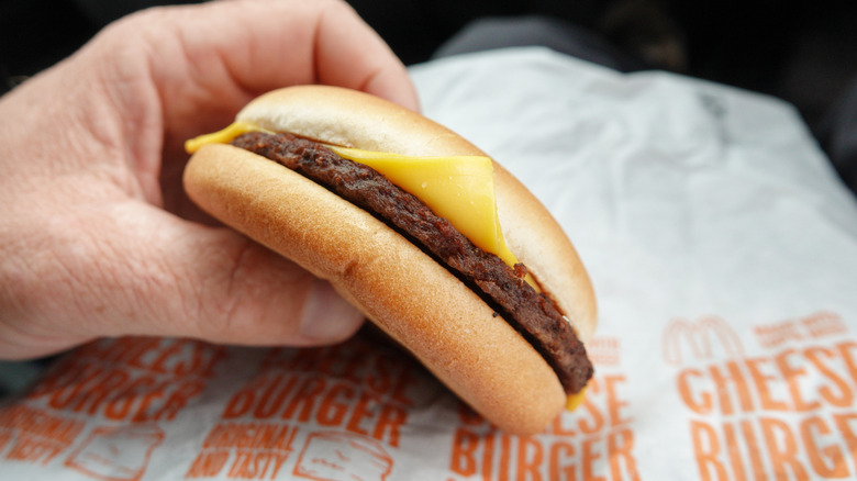 A hand holding a McDonald's cheeseburger