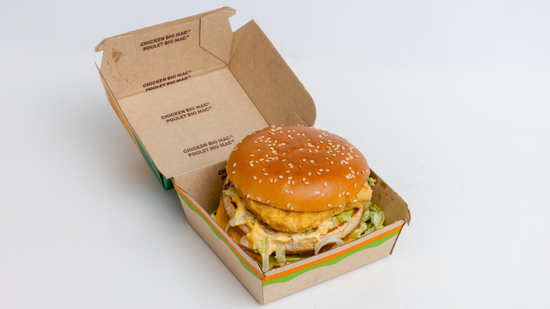 A McDonald's Chicken Big Mac sandwich in a cardboard box