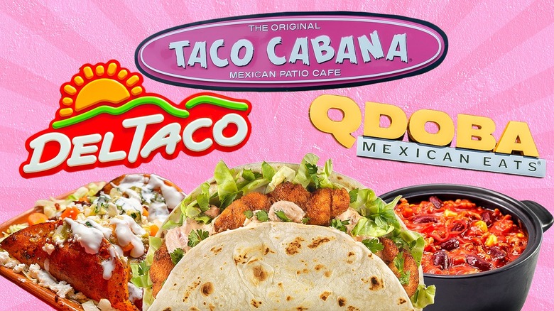 Mexican dishes against a background with logos for popular Mexican restaurants including Del Taco, Taco Cabana, And Qdoba