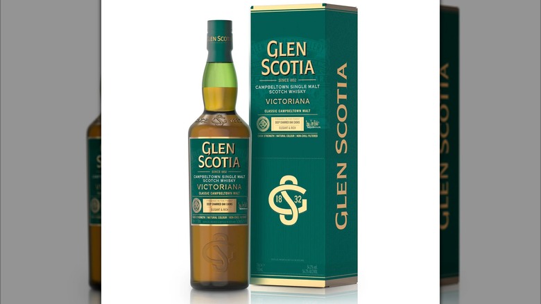 A bottle of Glen Scotia Victoriana Single Malt Scotch Whisky next to its box