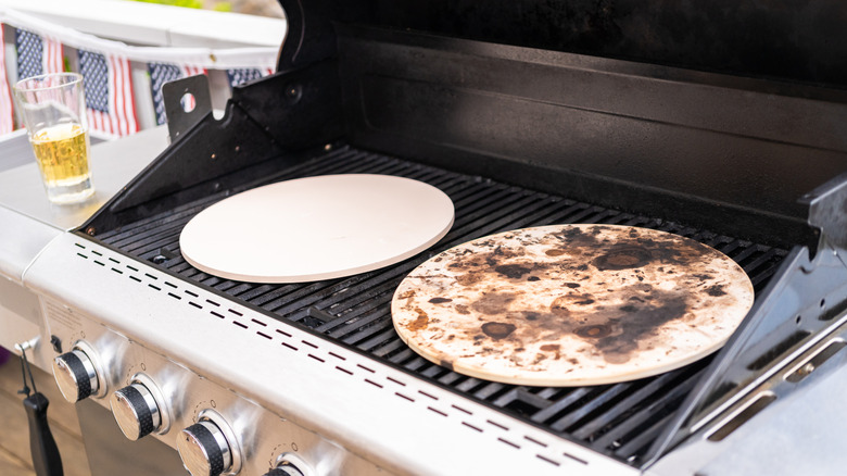 preheating pizza stones on an outdoor gas grill