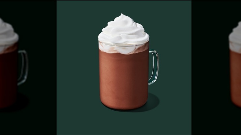 Hot Caffè Mocha in a glass mug on a green background