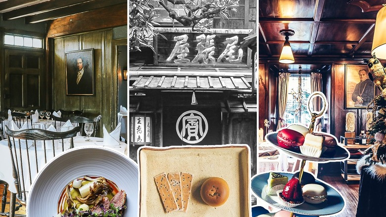 A collage of some of the oldest restaurants in the world with some of their signature dishes