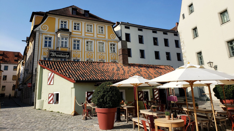 The patio at Wurstküche in Regensburg, Germany