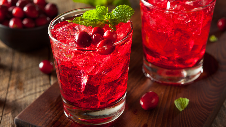 Two vodka cranberry cocktails garnished with cranberries and mint