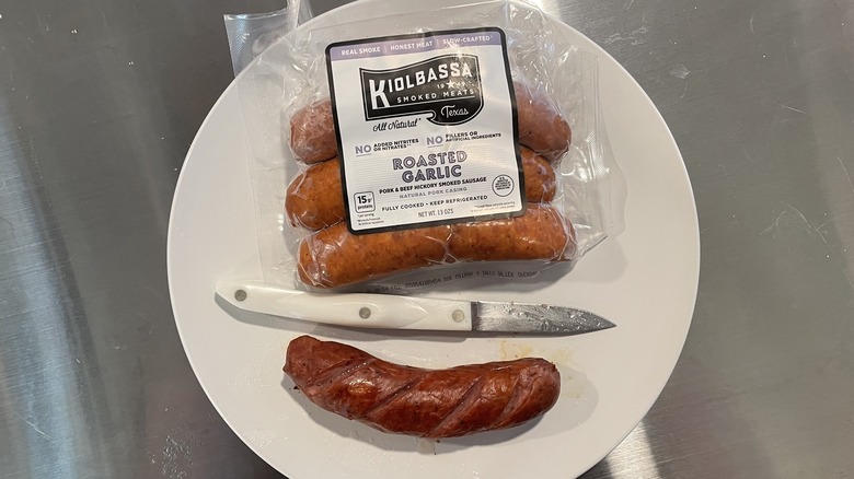 Kiolbassa sausage in package and on plate