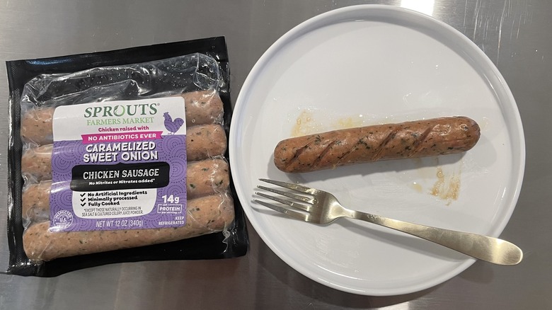 Sprouts sausages in package and on plate