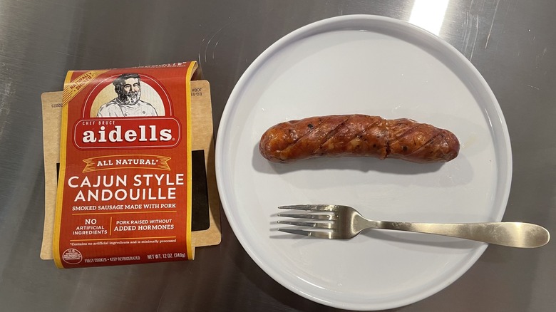 Aidell's sausage packaging and link on plate