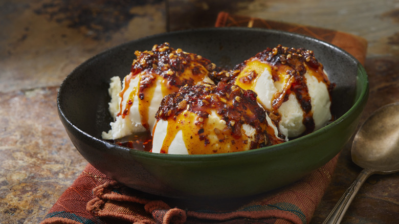Chili crisp on vanilla ice cream