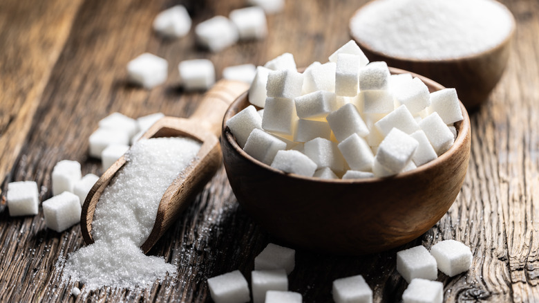 white sugar cubes in bowl