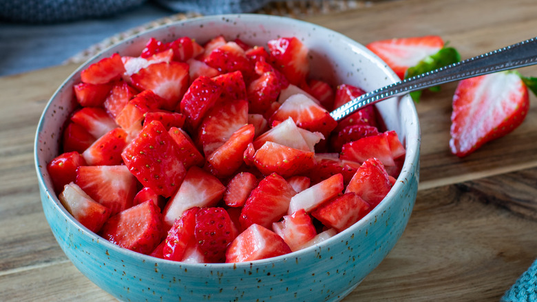 Bowl of cut strawberries