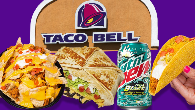 Taco Bell collage with sign, various menu items, and Baja Blast can