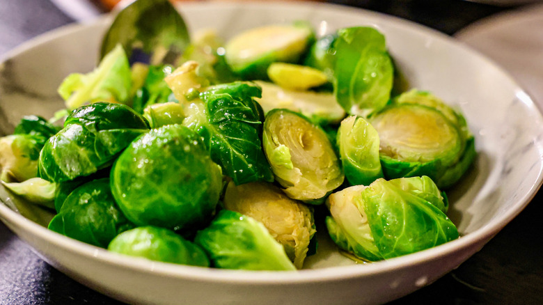 A bowl of steamed Brussels sprouts