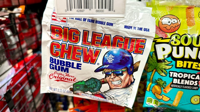 A package of Big League Chew bubble gum in a store