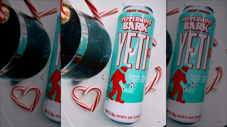 A can of Great Divide Peppermint Bark Yeti stout with candy canes