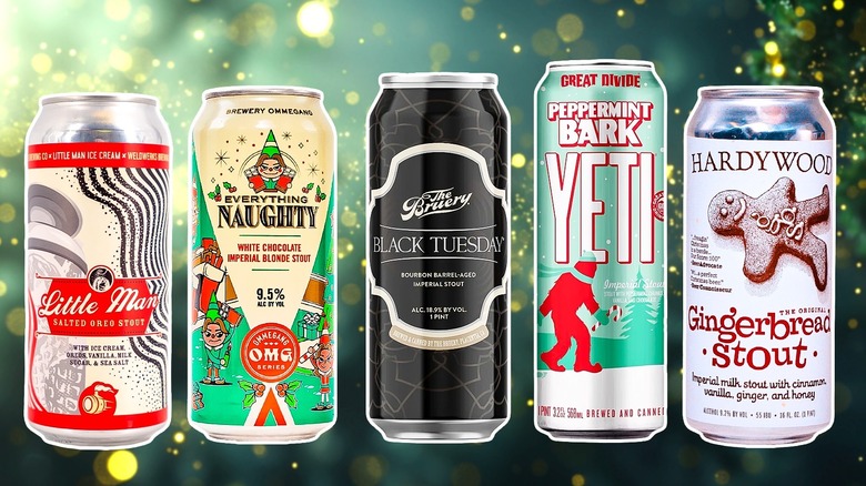 Various cans of holiday-themed stout beers