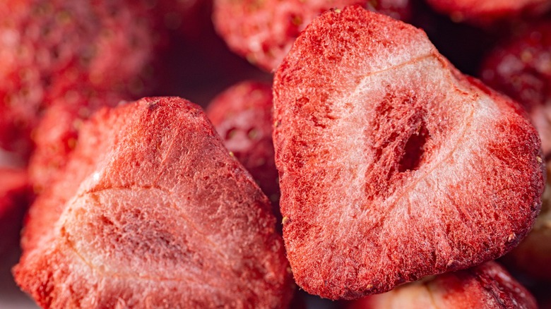 Closeup of slices of freeze-dried strawberries