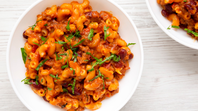 Bowl of chili mac and cheese