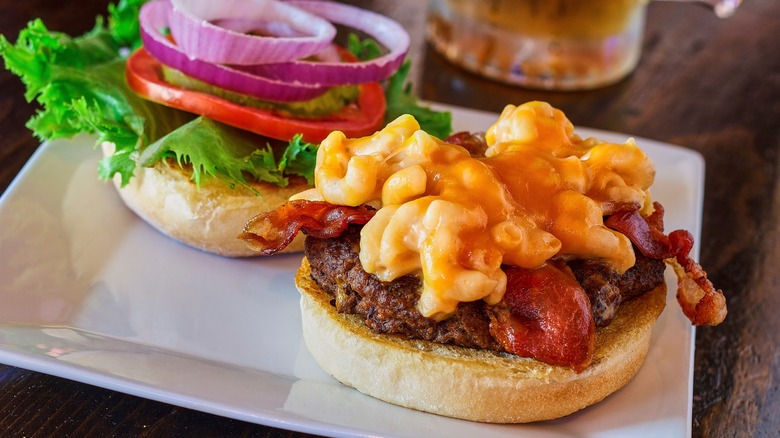 Burger with mac and cheese topping