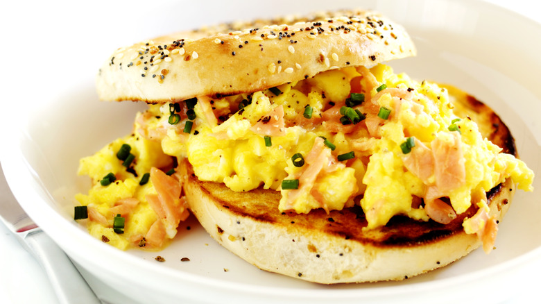 Bagel with scrambled eggs