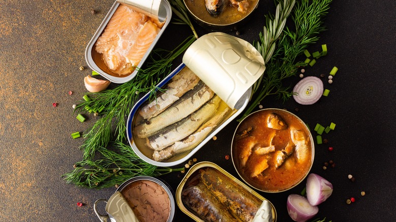 Cans of tinned fish varieties displayed