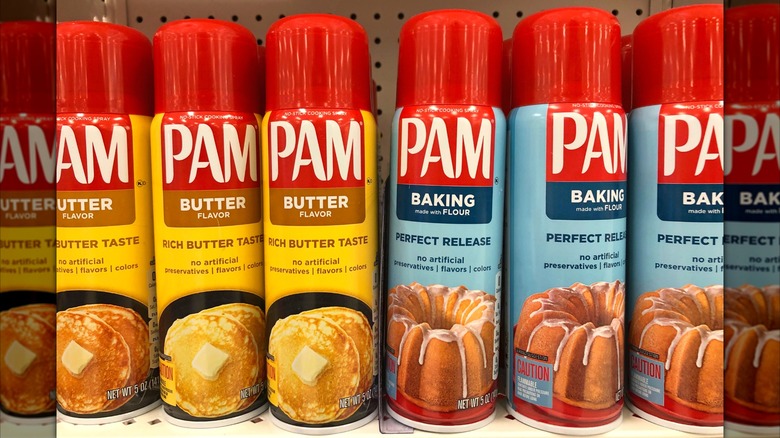 Cans of Pam cooking spray on supermarket shelf