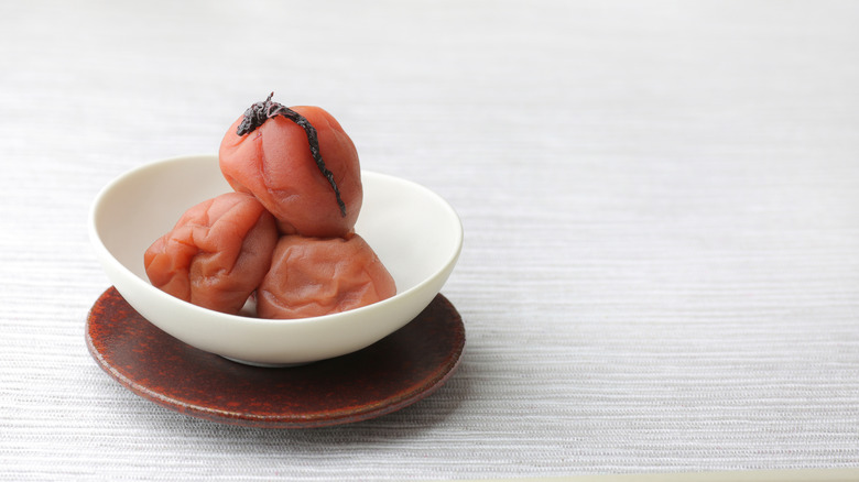 Umeboshi plums in white dish