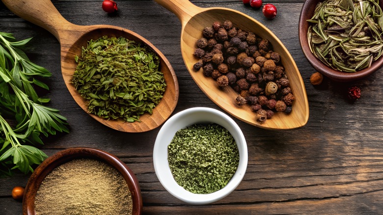 spices and herbs on counter