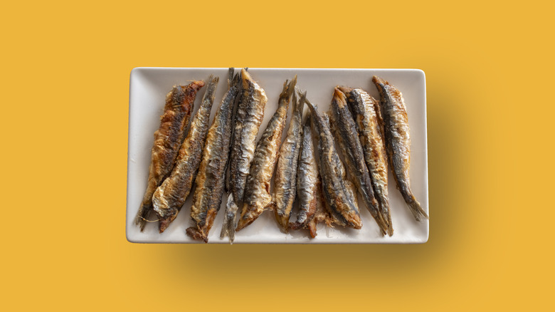 anchovies lined up on plate