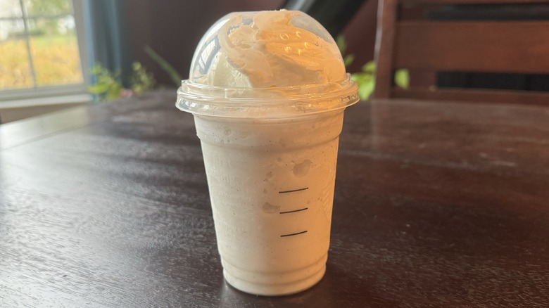 A takeout drink of a Starbucks  Vanilla Bean Crème Frappuccino Blended Crème