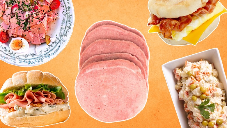 Bologna slices in the center of several different bologna dishes
