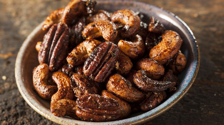 A bowl of candied nuts