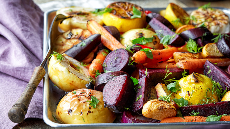 A tray of roasted vegetables