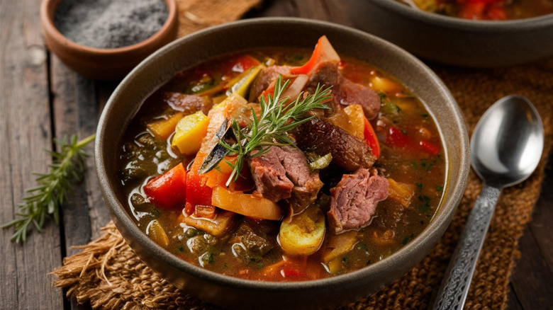 A bowl of stew with meat and vegetables